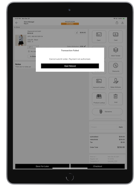 A window that shows the transaction failed and gives you to option to start a refund.
