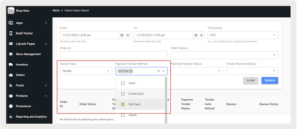 The Failed Order Report screen in Point of Sale CMS, with Gift Card selected as a payment tender method.