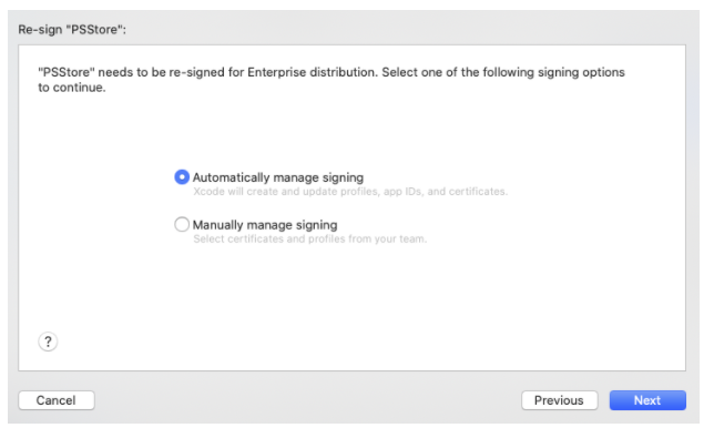 Automatically manage signing option selected for POS app Enterprise distribution