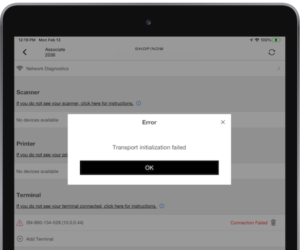 An initialization failure message in the POS App