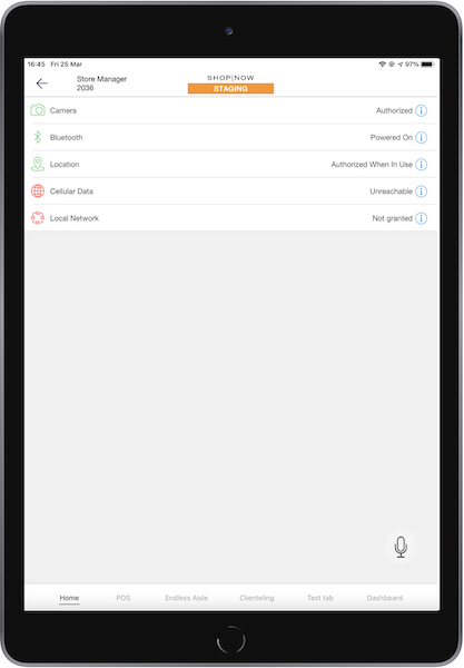 The app permissions screen in the POS app.