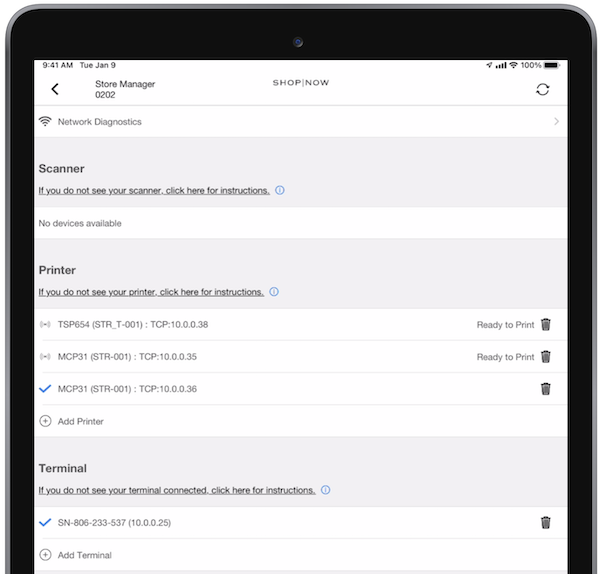The POS App showing that it's connected with the Verifone Terminal.