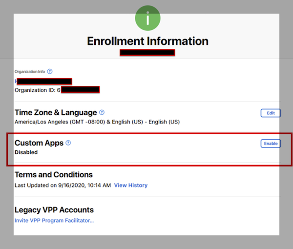 Custom Apps are diabled in Apple Business Manager