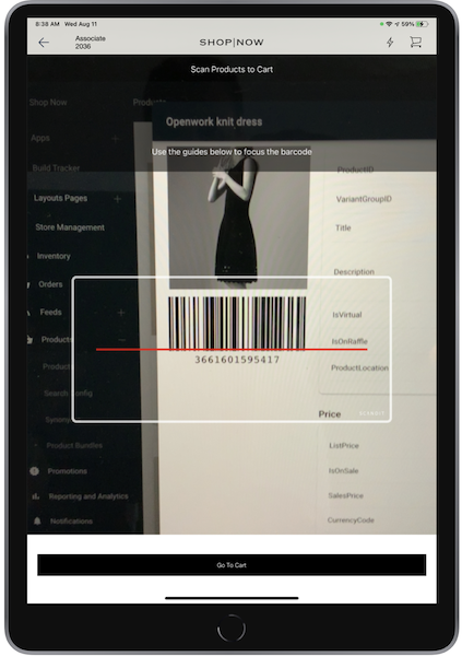 The barcode scanner on the iOS device screen