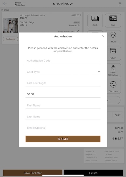 The Authorization window that shows in the POS app when you enter your card information to get a refund.