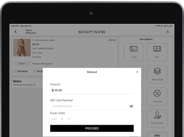 A window in the POS app that shows the amount to refund to a gift card.