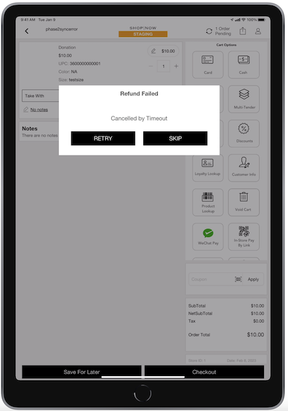 A refund failed due to timeout message in the POS App.