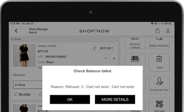 An error message that a card was deactivated when an order submission failed.