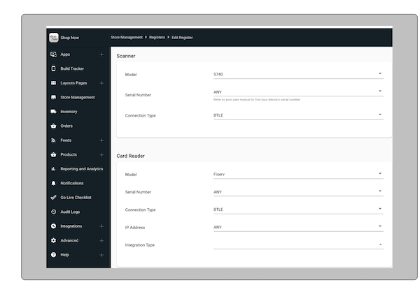 The register settings configured for Fiserv.