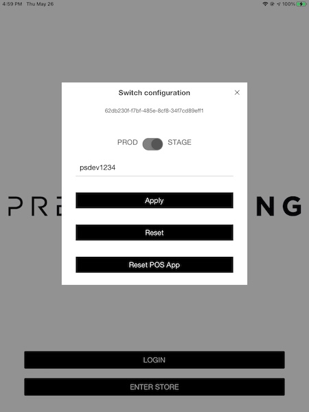 The reset POS app dialogue on the POS app.
