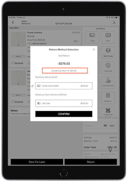 The return methods selection box in the POS app in iOS.