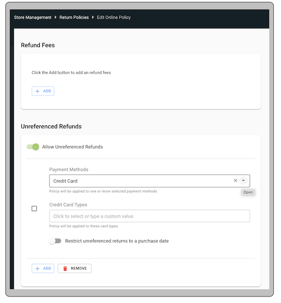 The refund fees settings configured for Fiserv.