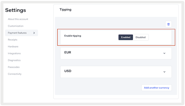 The Settings screen in Ayden Terminal showing tipping is turned on for Euros and US Dollars.