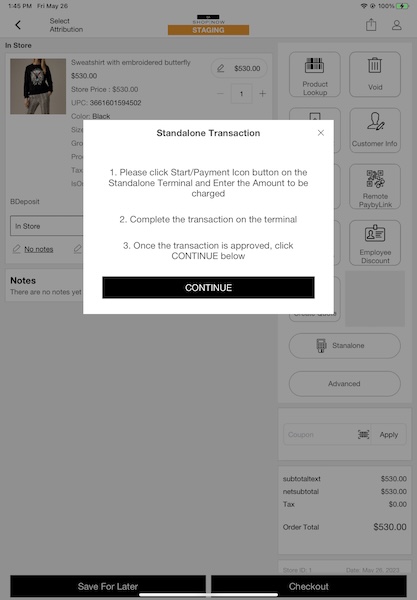 The popup window in the POS App for when you want to start a Standalone Transaction.