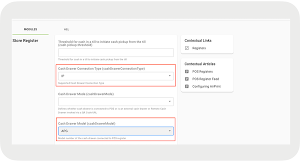 The settings to configure in the Store Register section of the CMS