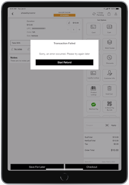 A Transaction Failed message in the POS App.