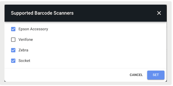 The Zebra Scanner option selected in Point of Sale CMS's Supported Barcode Scanners section