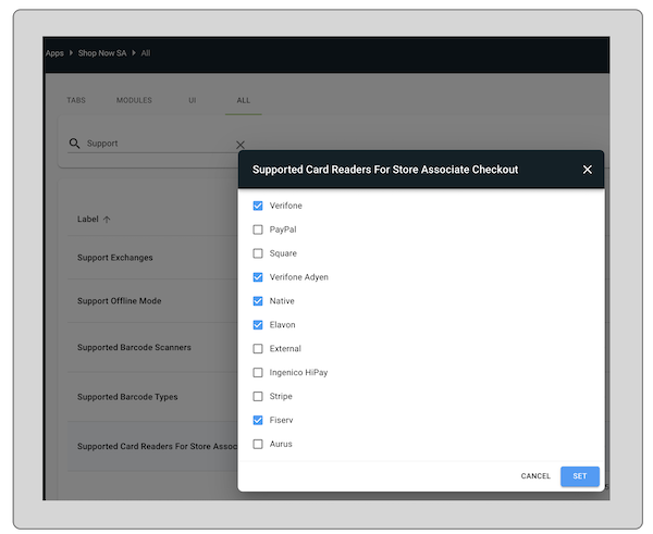 Fiserv set as a supported card reader in the Mobile COnfiguration Settings section.