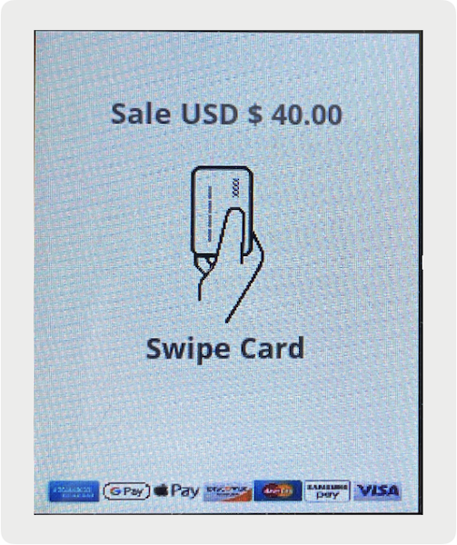 The Verifone terminal advising you to swipe you card.