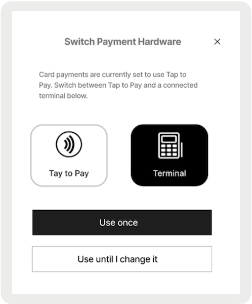 The POS app showing the option to switch from Tap to Pay to a secure terminal.
