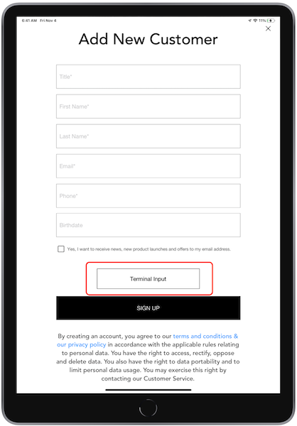 The Terminal Input button on the Add New Customer screen in the POS app.