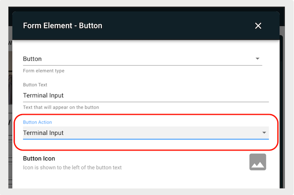The Terminal Input button in the Form Element - Button section of Point of Sale CMS.