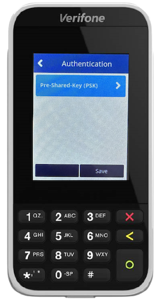 The PSK button in the AUthentication section of the Verifone Terminal.