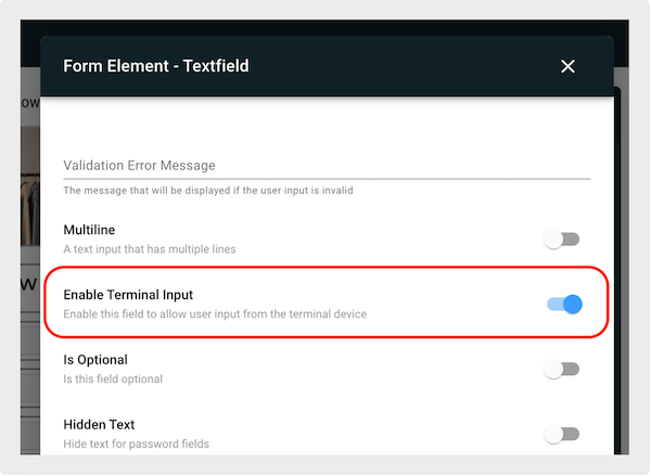 The Enable Terminal Input toggle in Point of Sale CMS.