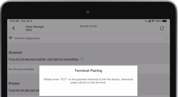 The POS App prompting you to enter a code on Verifone Terminal to link the devices.