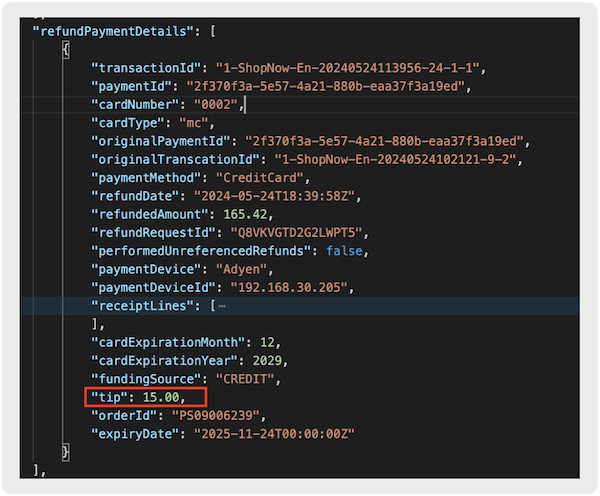 The Tlog showing returned payment details, with the tip amount refunded highlighted.