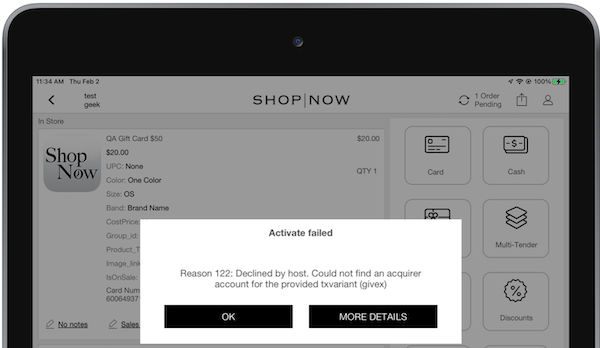 An error message that appears in the POS app if the payment methods in the Ayden console and Point of Sale CMS don't match.