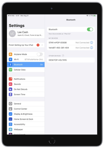 iOS settings showing an unconnected mPop printer