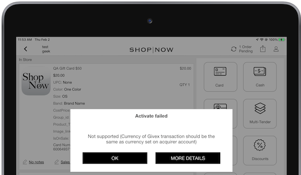 AN error message that occurs when you try to add a different currency to a gift card than is configured in the POS app.