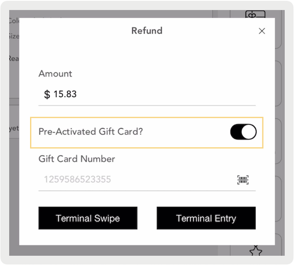 A window in the POS App that shows the pre-activated gift card toggle.