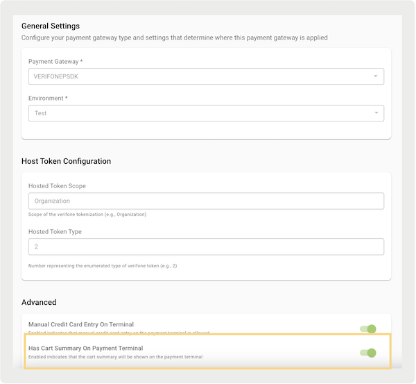 The Has Cart Summary on Payment Terminal setting turned on in the Advanced Section.