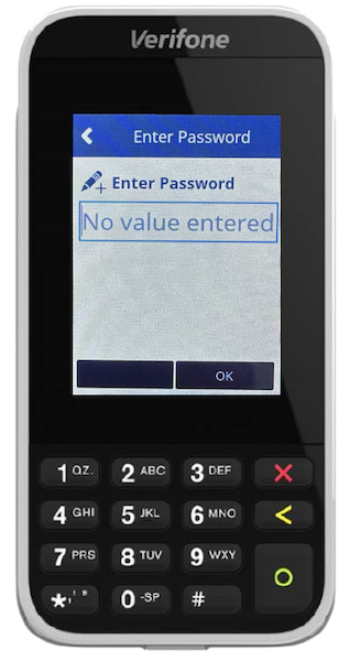 The Password Entry screen on the Verifone Terminal.
