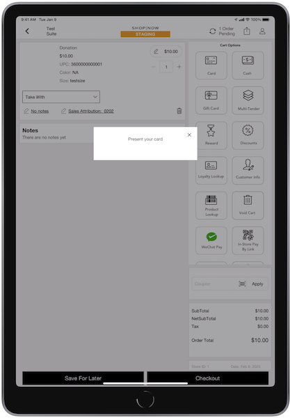 The Present a Card alert showing in the POS App.