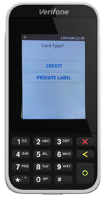 Select whether the card is a credit card or private label in the Verifone terminal.