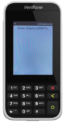 Enter the card's expriation date in the Verifone terminal.