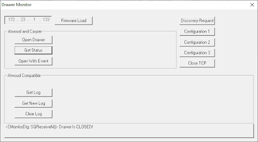 The cash register's drawer status shown at the bottom of the Monitor window.