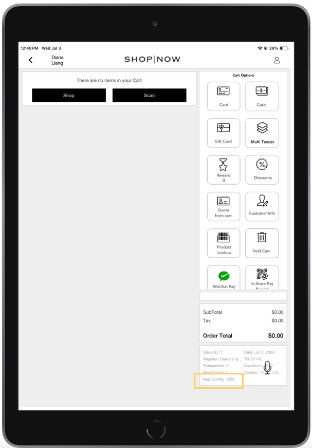 App config name highlighted in the POS app cart screen