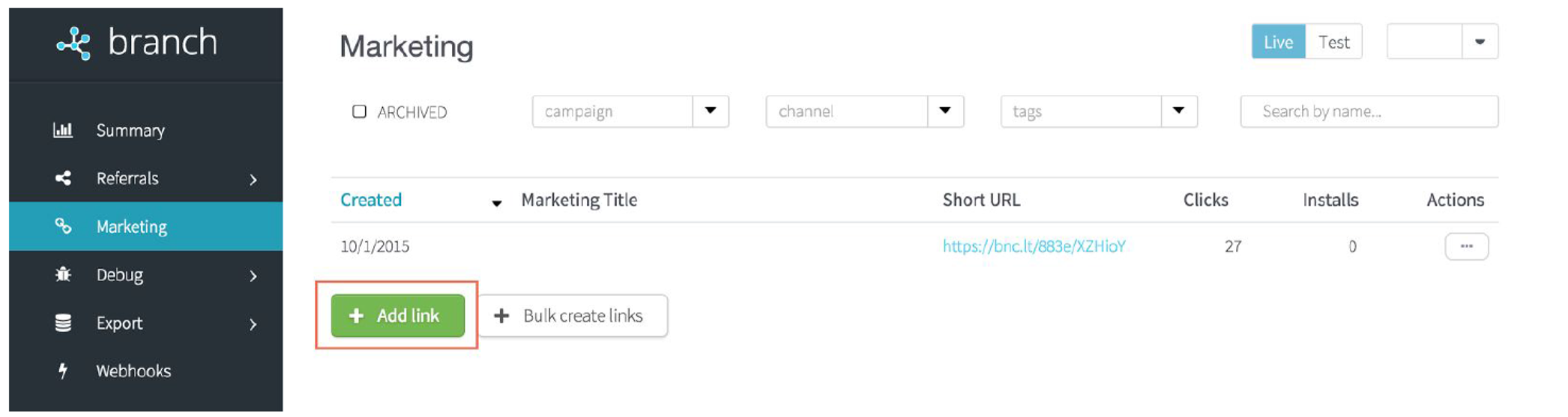 The branch.io dashboard marketing page, indicating the add link button.