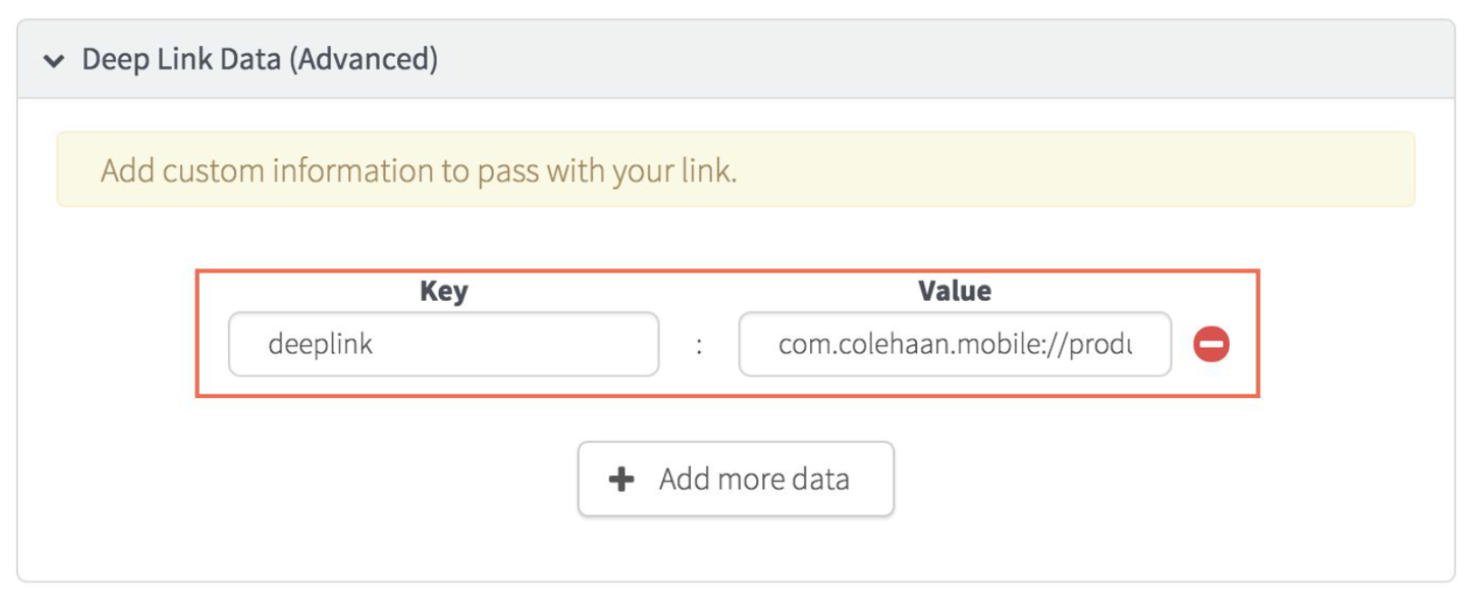 The deep link data (advanced) window showing deep link key and value.