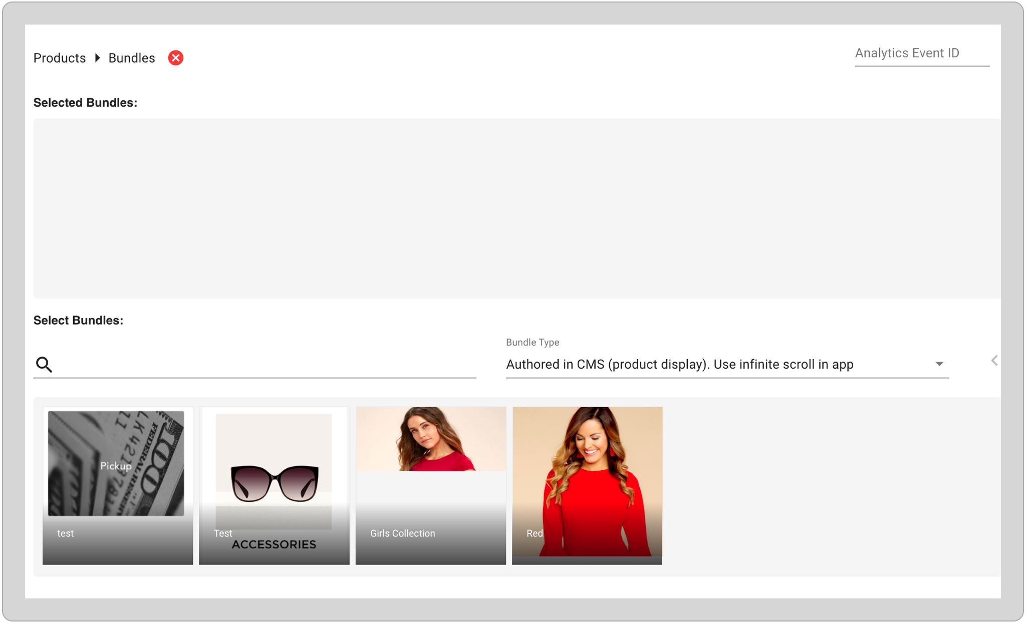The product bundles window showing options to select bundles and the bundle type.