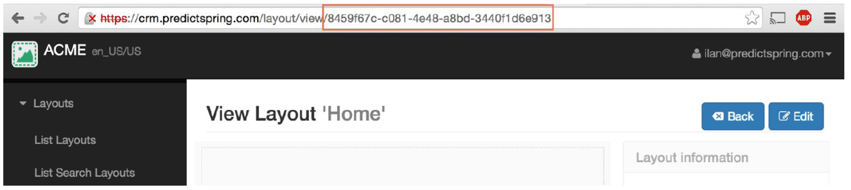 Layout ID highlighted in the URL of a Mobile Workbench Page.
