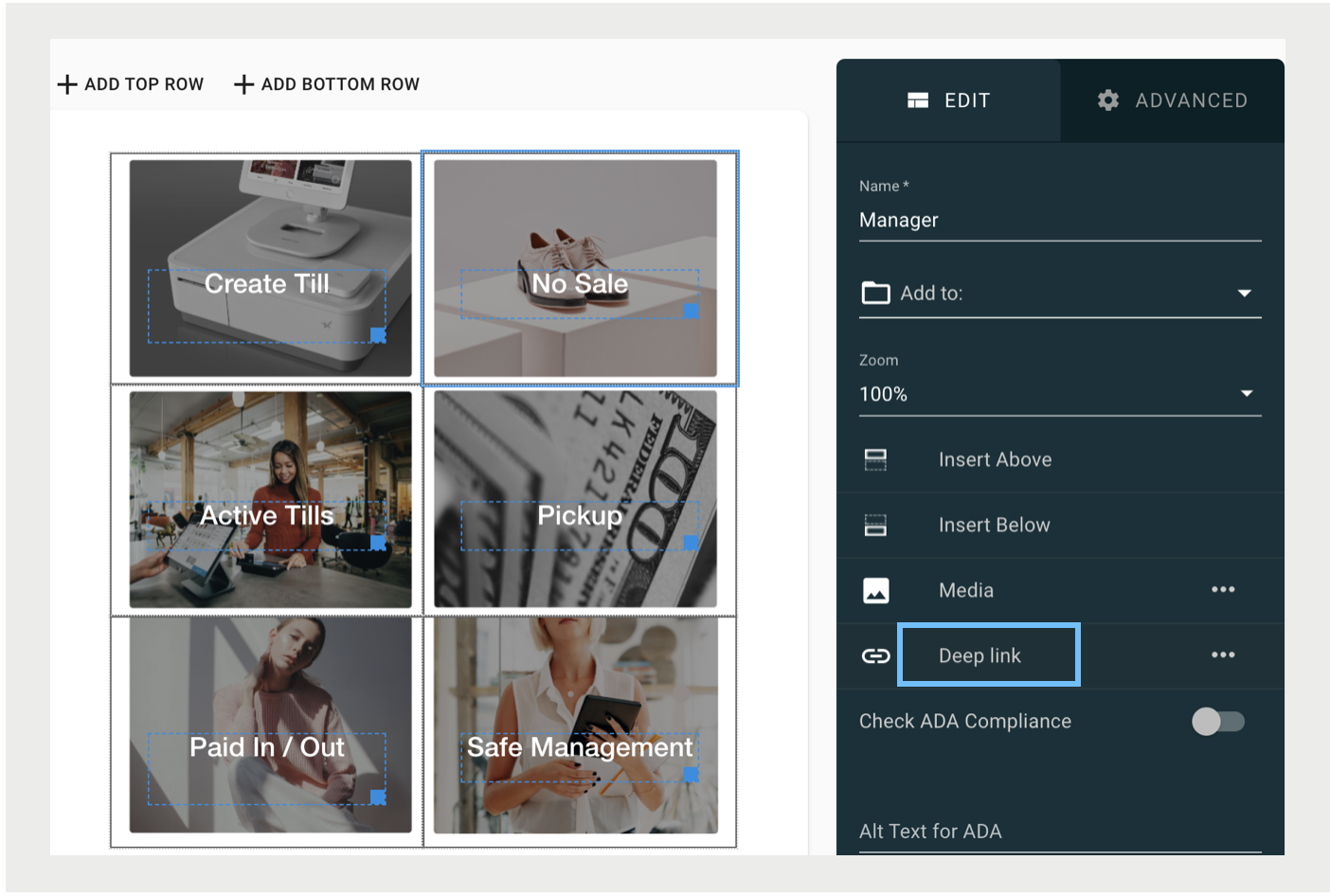 The Layout Editor shows the toolbar with the deep link option highlighted
