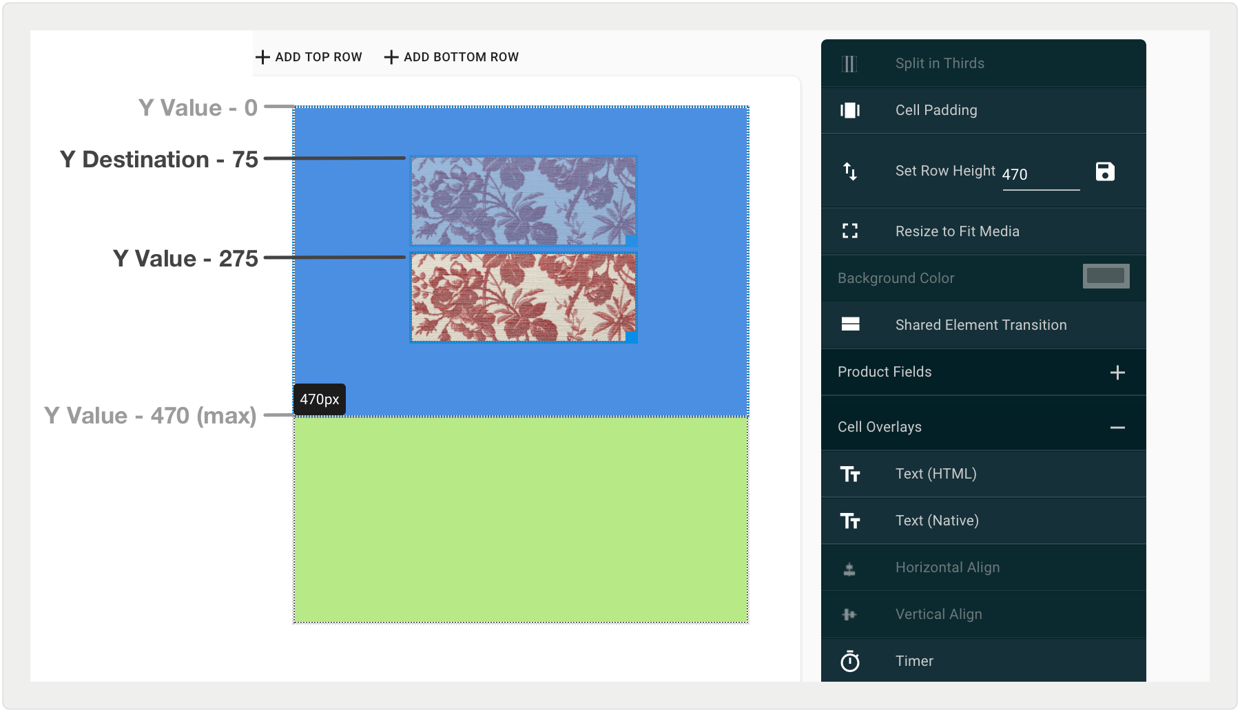 The Layout Editor showing values for the definition of parallax animation.