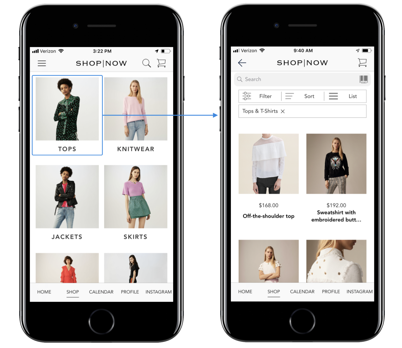 Two POS app renderings in an iPhone show navigation from a tops category to search results for tops.