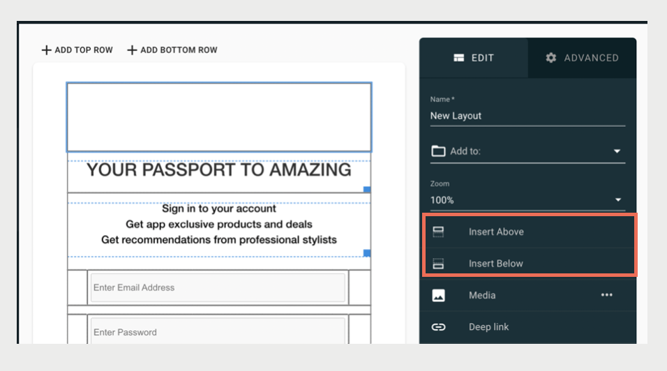 A screenshot shows the editor toolbar options for inserting a row.