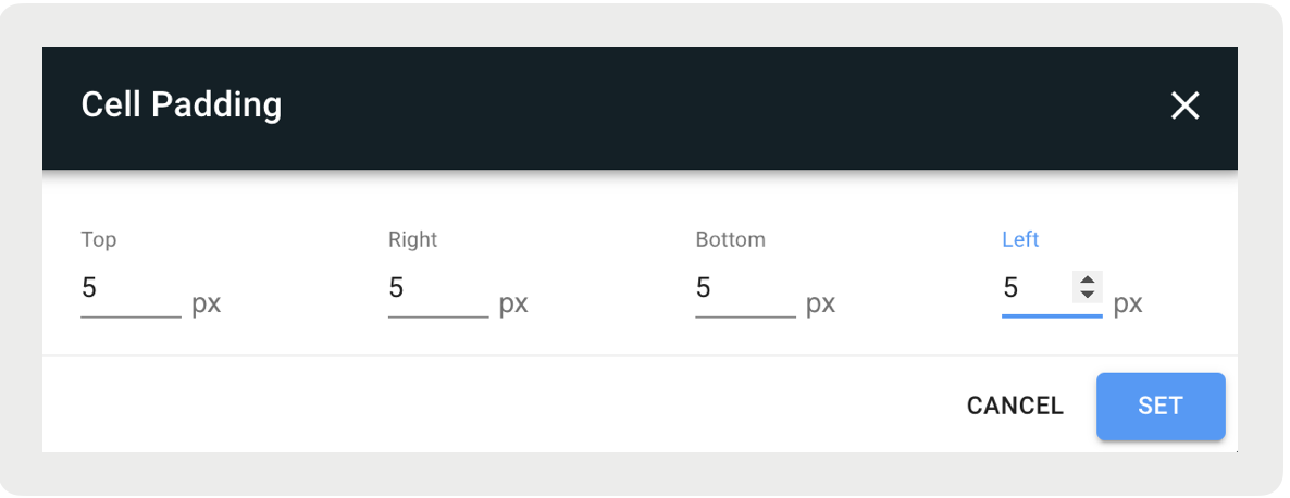 A screenshot shows the settings for cell padding.